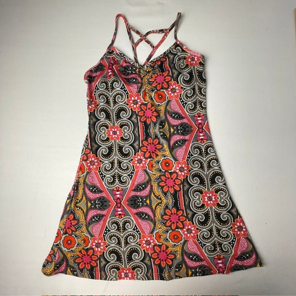 Prana Sonja Dress Coral Malibu Print Yoga Festival Mini Dress MED Y2K Dopamine